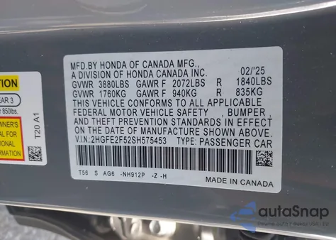 2025 Honda Civic Sport из США, поврежденный, VIN 2HGFE2F52SH575453